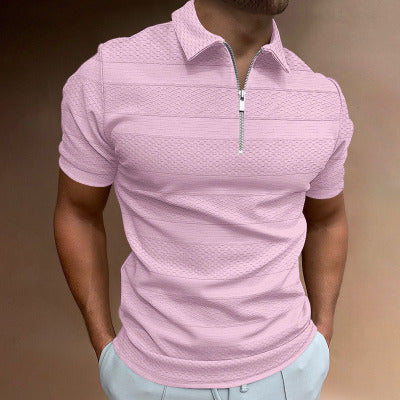 Summer Men's Shirt Solid Color Short-sleeved Lapel Casual Jacquard Top Polo