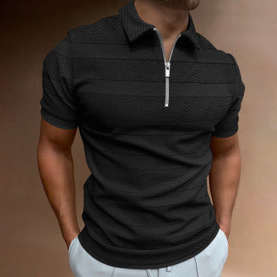 Summer Men's Shirt Solid Color Short-sleeved Lapel Casual Jacquard Top Polo