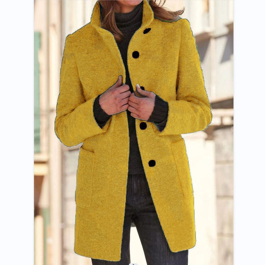 Fashion Stand Collar Woolen Coat With Pockets Fall Winter Casual Button Outwear For Women Clothing PU