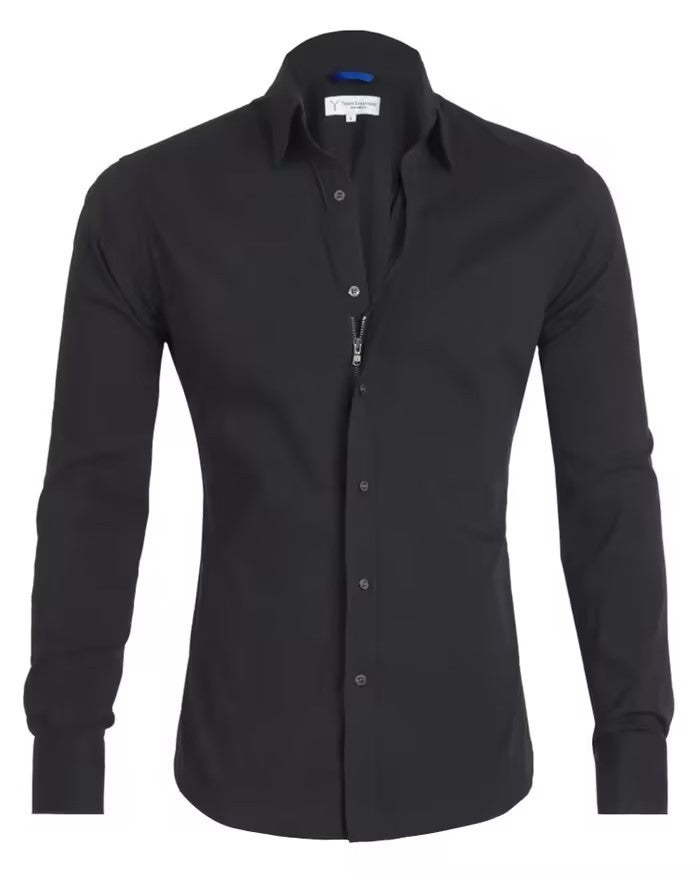 Long Sleeve Zipper Shirt With Button Design Fashion Lapel Tops For Mens Clothing PU