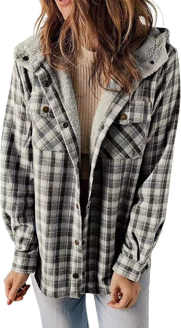 Casual Plaid Hooded Woolen Coat Thickened Fleece-lined Warm Jacket Daves