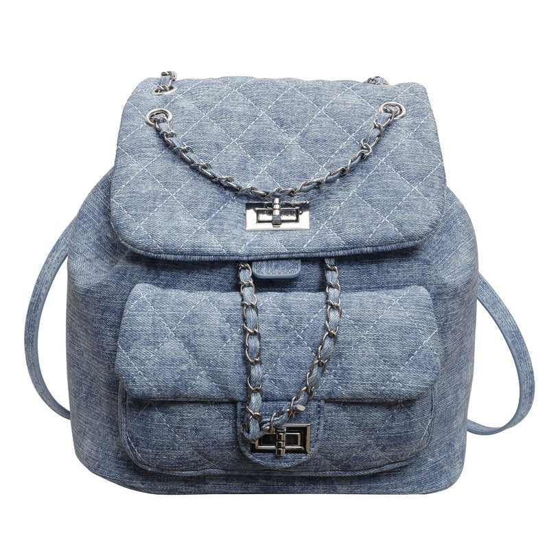 Denim Rhombus Small Chain Backpack Large Capacity Twist Lock Hand-carrying Small Bag Fashion