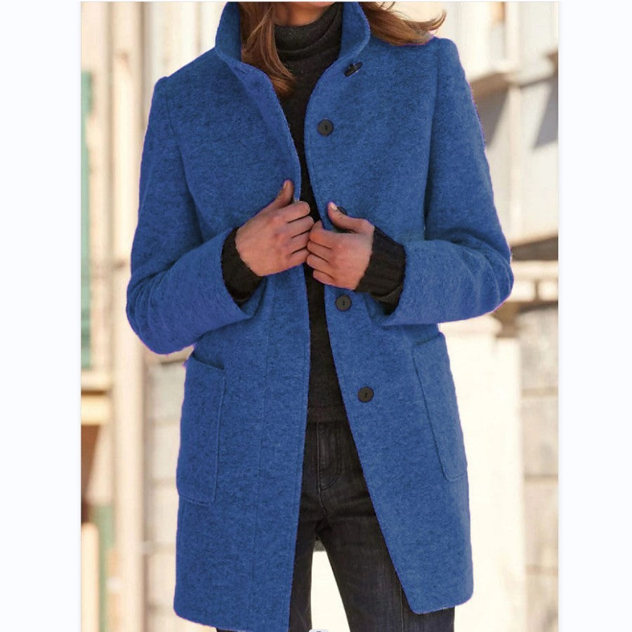 Fashion Stand Collar Woolen Coat With Pockets Fall Winter Casual Button Outwear For Women Clothing PU