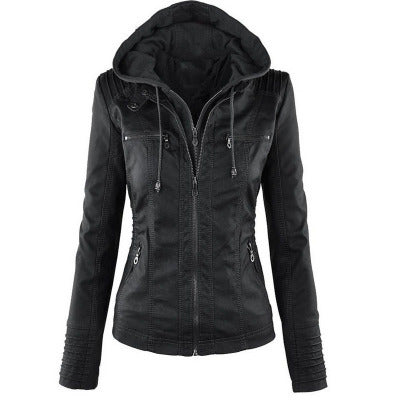 Fashion Detachable Hooded Jacket With Pockets Casual Solid Color Zipper Long Sleeve Leather Coat Autumn Winter Women's Clothing PU