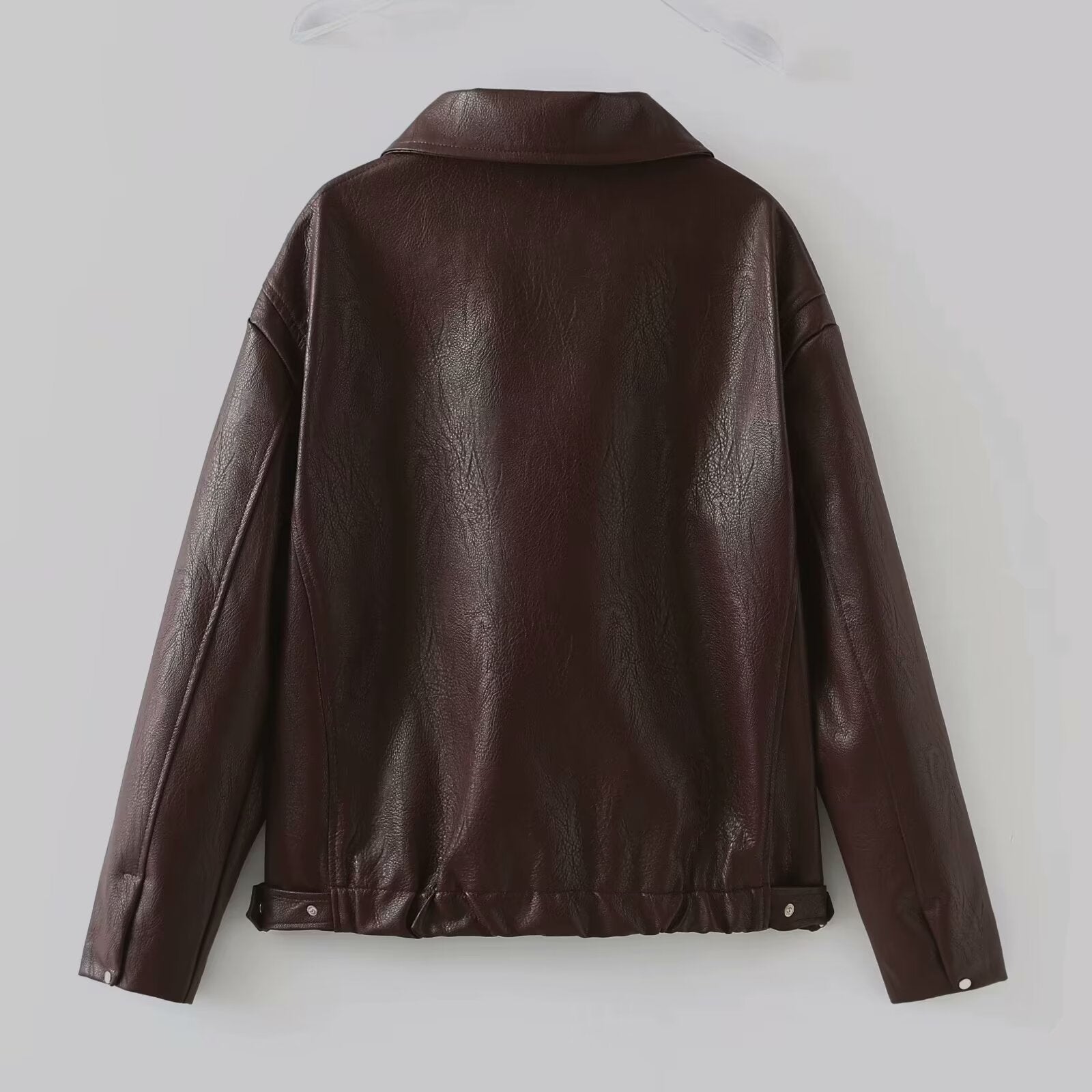 Solid Color Lapel Zipper Jacket Fashion Casual Long Sleeve Leather Coat Tops Women Clothing PU