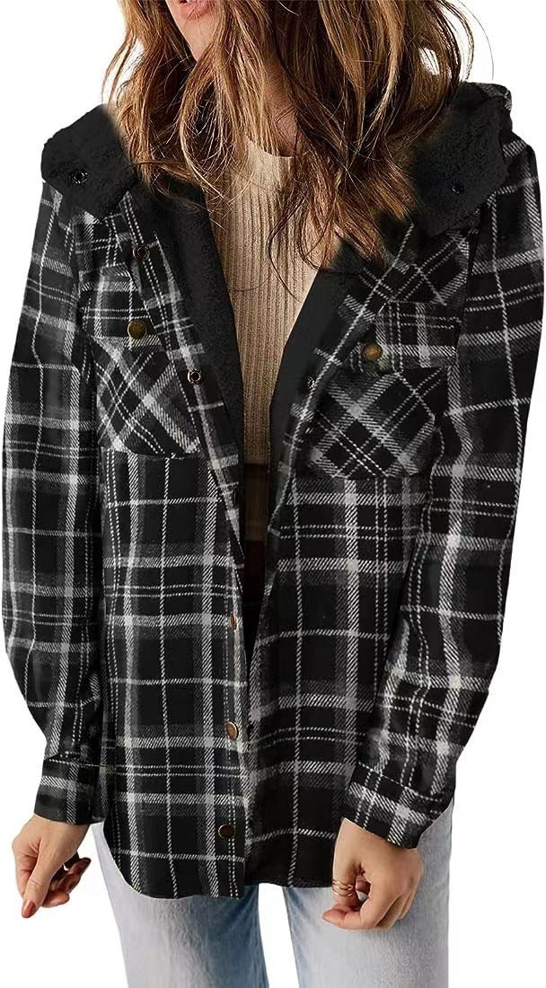 Casual Plaid Hooded Woolen Coat Thickened Fleece-lined Warm Jacket Daves