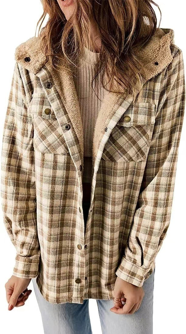 Casual Plaid Hooded Woolen Coat Thickened Fleece-lined Warm Jacket Daves