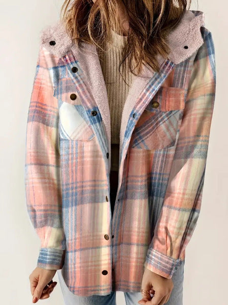 Casual Plaid Hooded Woolen Coat Thickened Fleece-lined Warm Jacket Daves