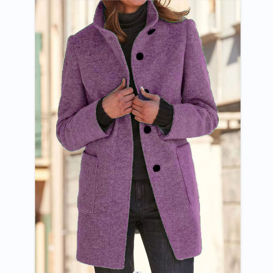 Fashion Stand Collar Woolen Coat With Pockets Fall Winter Casual Button Outwear For Women Clothing PU