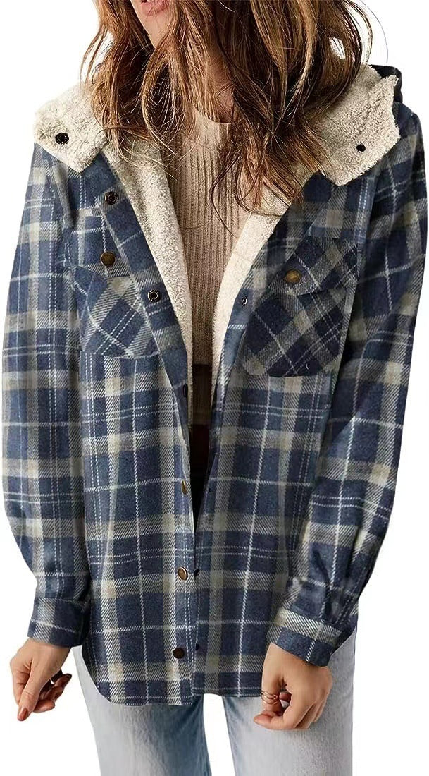 Casual Plaid Hooded Woolen Coat Thickened Fleece-lined Warm Jacket Daves