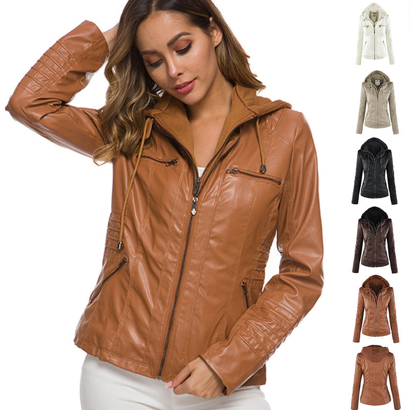 Fashion Detachable Hooded Jacket With Pockets Casual Solid Color Zipper Long Sleeve Leather Coat Autumn Winter Women's Clothing PU