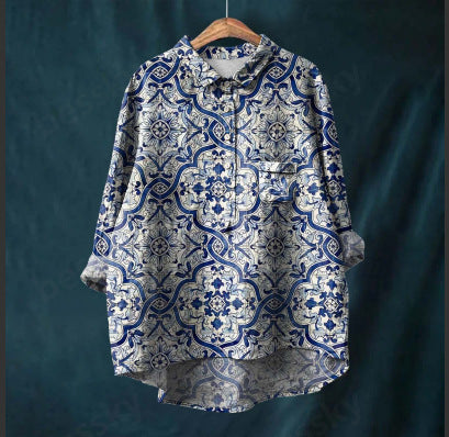 Chinese Style Bamboo Linen Printed Fashion Polo Collar Shirt