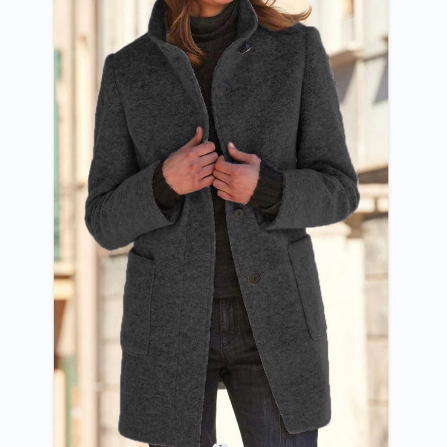 Fashion Stand Collar Woolen Coat With Pockets Fall Winter Casual Button Outwear For Women Clothing PU