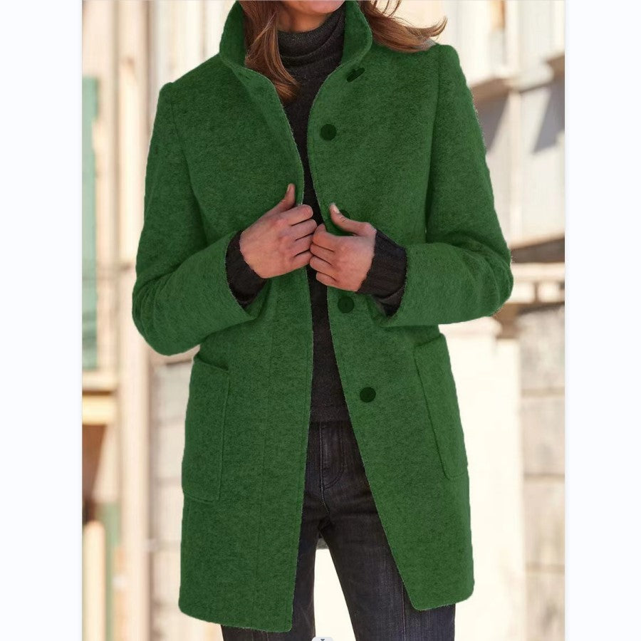 Fashion Stand Collar Woolen Coat With Pockets Fall Winter Casual Button Outwear For Women Clothing PU