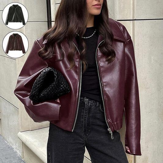 Solid Color Lapel Zipper Jacket Fashion Casual Long Sleeve Leather Coat Tops Women Clothing PU