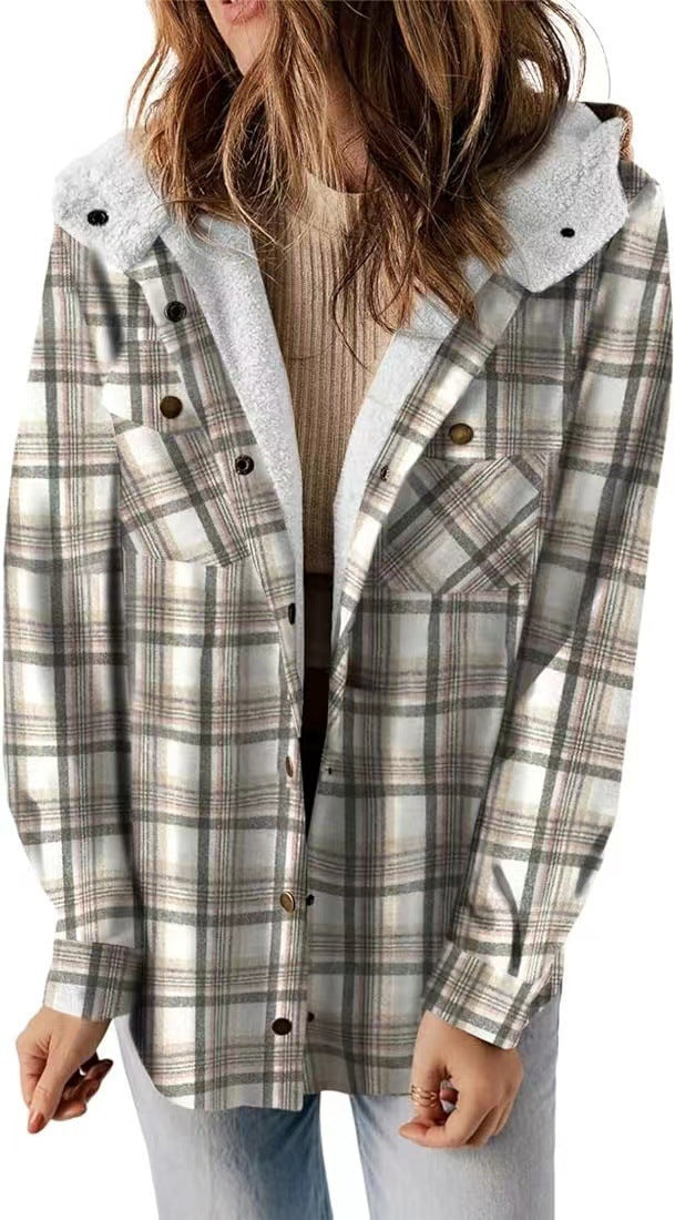 Casual Plaid Hooded Woolen Coat Thickened Fleece-lined Warm Jacket Daves