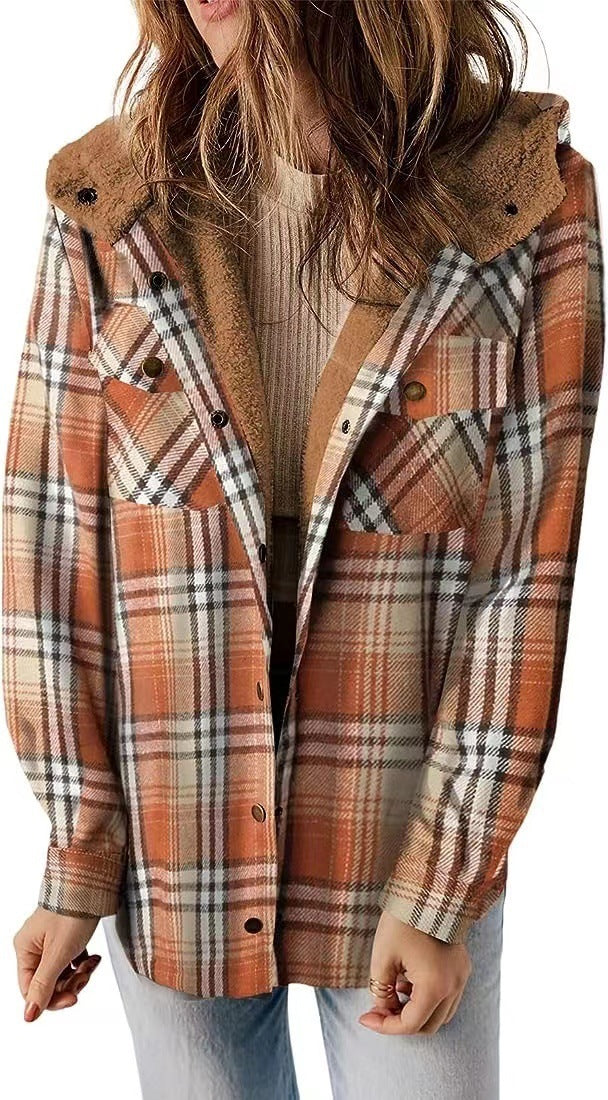 Casual Plaid Hooded Woolen Coat Thickened Fleece-lined Warm Jacket Daves