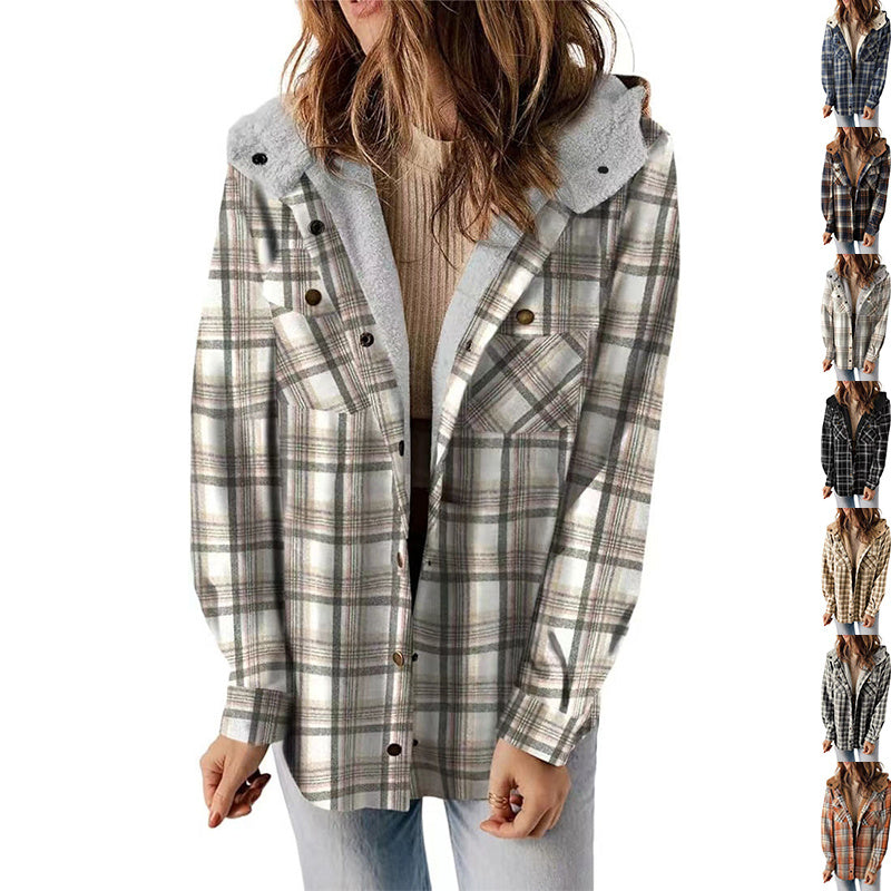 Casual Plaid Hooded Woolen Coat Thickened Fleece-lined Warm Jacket Daves