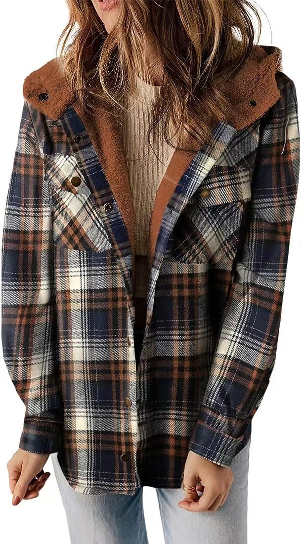 Casual Plaid Hooded Woolen Coat Thickened Fleece-lined Warm Jacket Daves