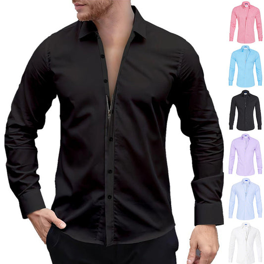 Long Sleeve Zipper Shirt With Button Design Fashion Lapel Tops For Mens Clothing PU