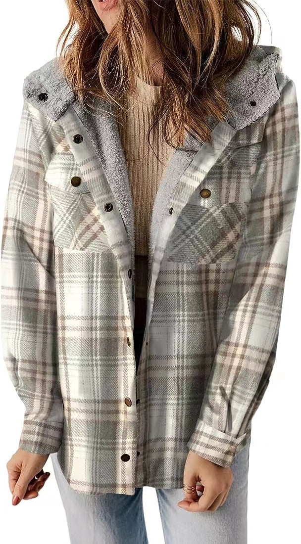 Casual Plaid Hooded Woolen Coat Thickened Fleece-lined Warm Jacket Daves