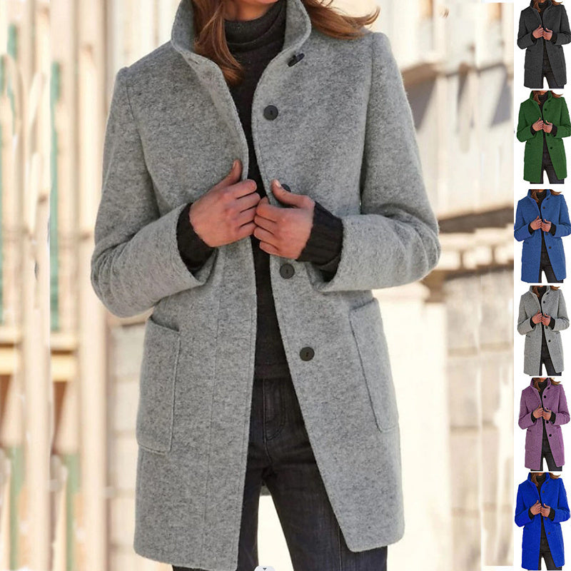 Fashion Stand Collar Woolen Coat With Pockets Fall Winter Casual Button Outwear For Women Clothing PU