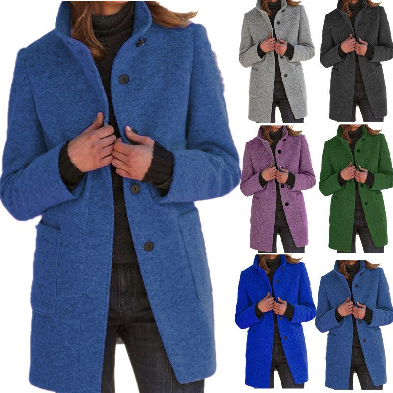 Fashion Stand Collar Woolen Coat With Pockets Fall Winter Casual Button Outwear For Women Clothing PU