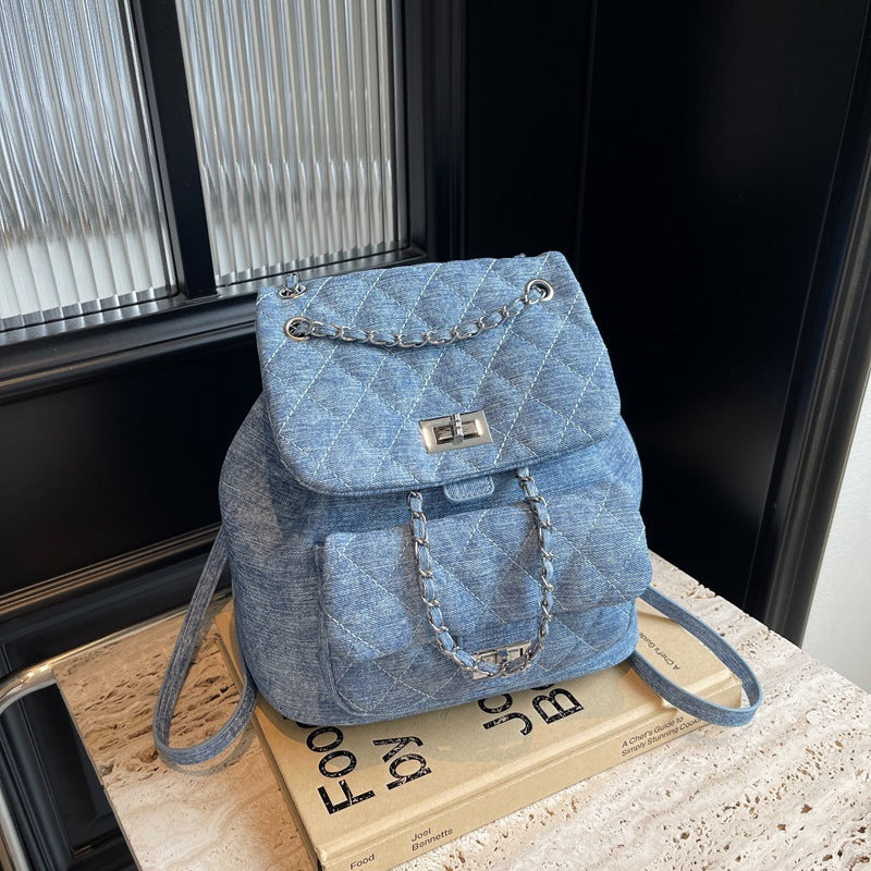 Denim Rhombus Small Chain Backpack Large Capacity Twist Lock Hand-carrying Small Bag Fashion